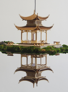 新中式木质纯手工拼装模型镜像悬吊挂件酒店会所大堂售楼部软装