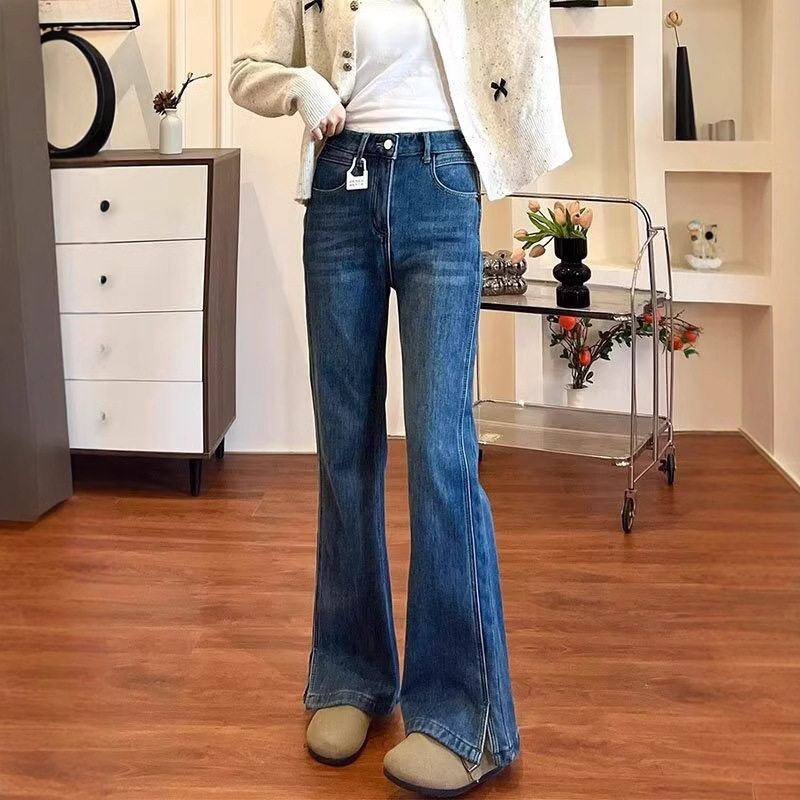 复古蓝微喇弹力牛仔裤女春季新款高腰显瘦直筒阔腿马蹄裤子喇叭裤