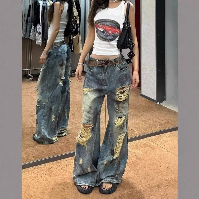 复古做脏破洞牛仔裤女夏季大码胖mm高腰复古宽松慵懒风阔腿长裤子