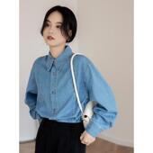 实拍蓝色牛仔衬衫 别致上衣内搭复古港味衬衣 女秋款