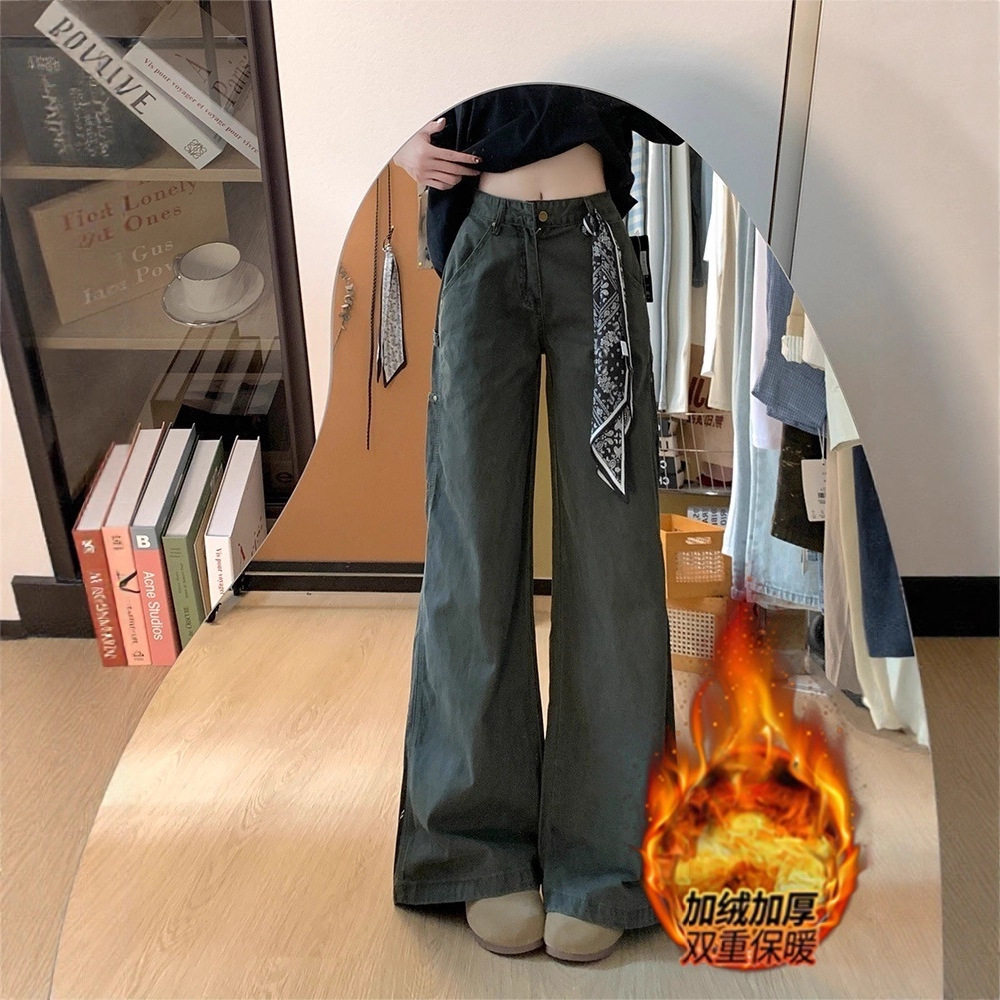 美式复古加绒加厚高腰牛仔裤女2026秋新款大码胖mm显瘦直筒裤子
