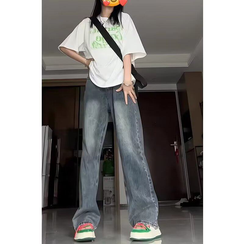 复古水洗做旧阔腿牛仔裤女2023春季新款高腰显瘦宽松百搭直筒裤子