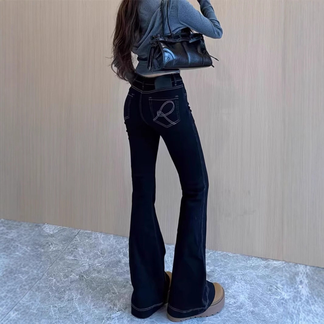 美式黑色微喇叭牛仔裤女春季新款辣妹高腰弹力修身显瘦马蹄拖地裤