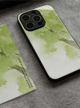 水彩翠绿大树适用iPhone13promax苹果14手机壳荣耀80玻璃保护套vivox90一加oppo小米12三星华为mate50全包p60