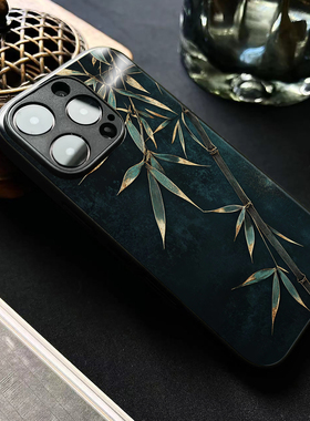 新中式墨翠金竹适用苹果17promax手机壳玻璃iphone14小米15OPPOreno9红米k60vivox100荣耀iqoo华为mate80一加