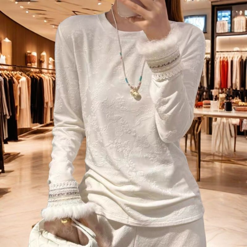 中式复古袖口刺绣毛毛长袖上衣