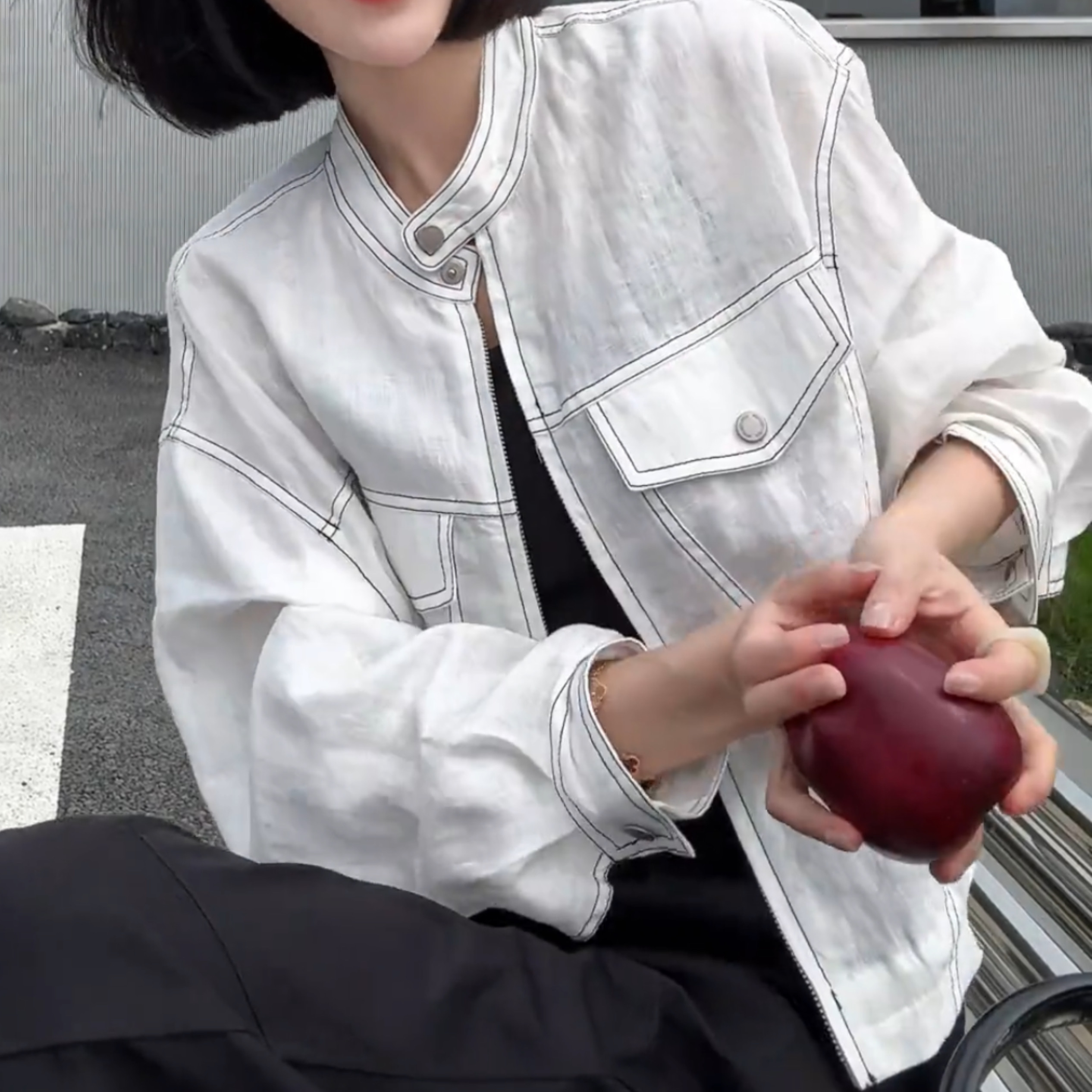 白色明线装饰短外套女休闲夹克小外套圆领长袖宽松百搭薄款上衣