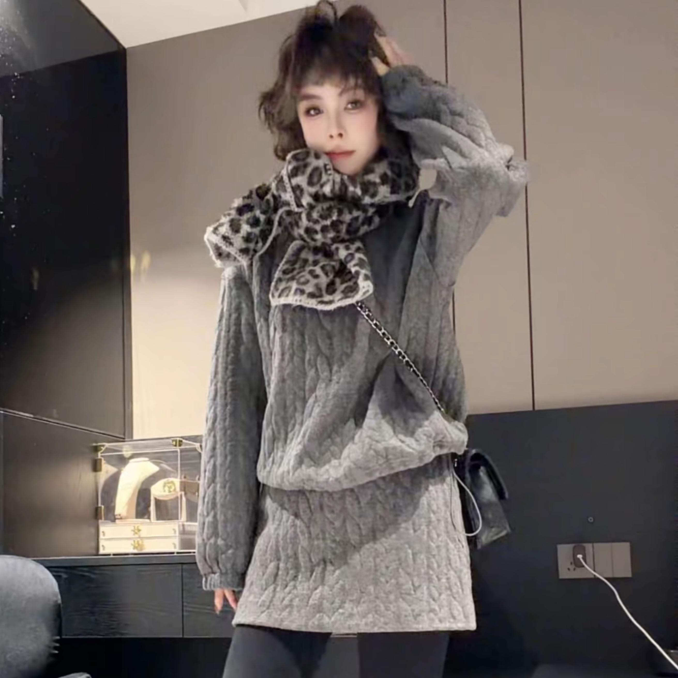 抽绳麻花卫衣半裙套装女两件套