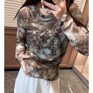 【全码100-210斤】INS风豹纹扎染长袖T恤女圆领套头水墨防晒上衣