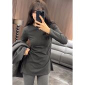 秋冬加绒保暖中长款 收腰百搭上衣 T恤遮屁股修身 白色打底长袖 新款