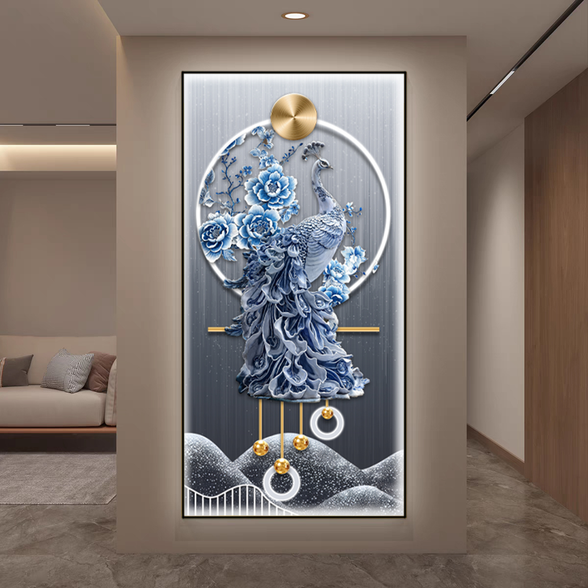 轻奢孔雀入户玄关装饰画青花瓷走廊过道挂画高级感进门正对墙壁画图片
