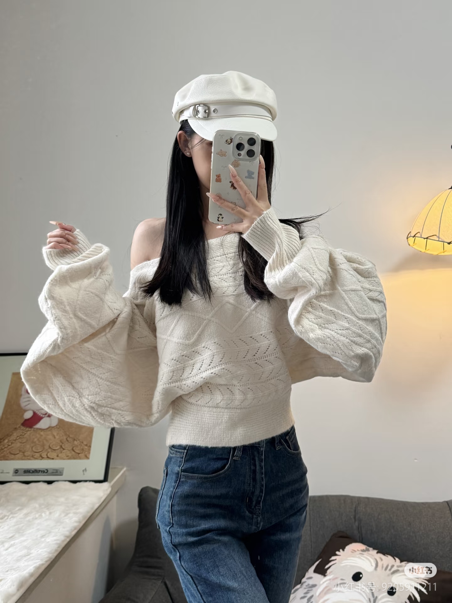 韩系复古一字领蝙蝠袖镂空针织