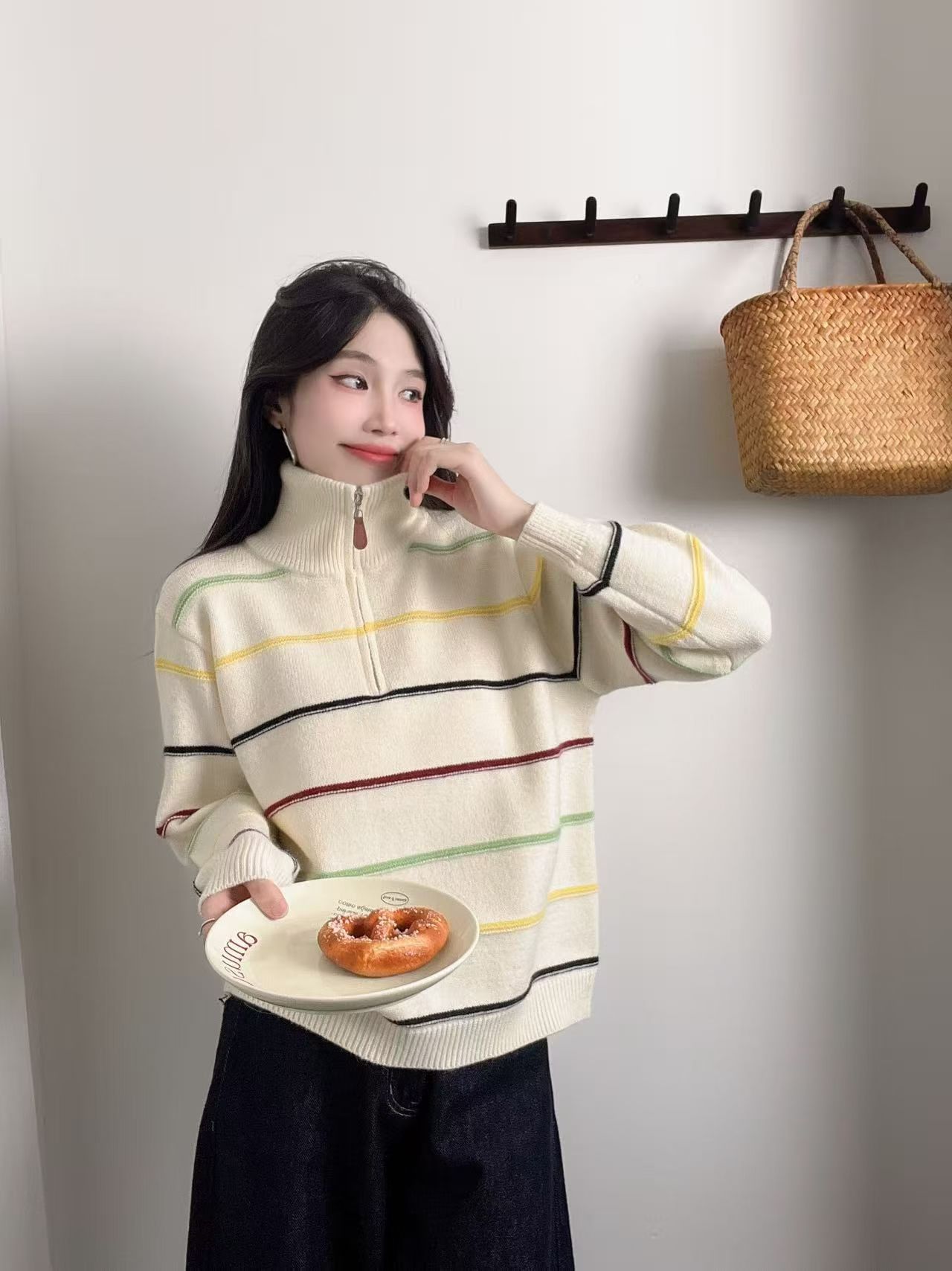 韩系慵懒风条纹针织衫女秋冬