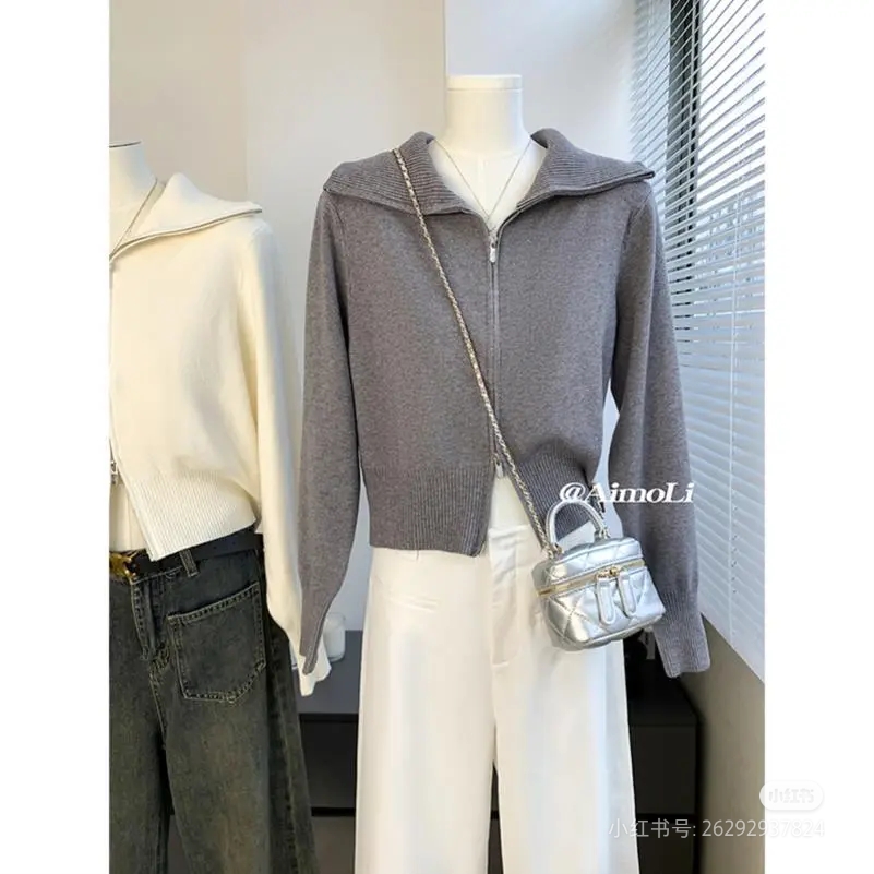 2025春秋新款韩版宽松慵懒风双拉链气质百搭针织开衫女毛衣外套潮