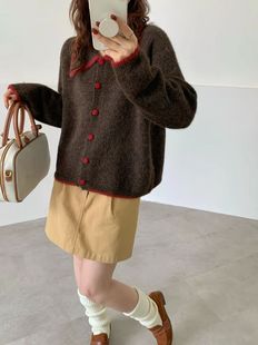 十三行韩版百搭撞色翻领毛衣开衫女25秋冬新款宽松洋气小众针织衫