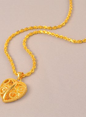 约12克 高定送妈妈母亲节镀24K金色鸡心吊坠包金心形女士麻花项链