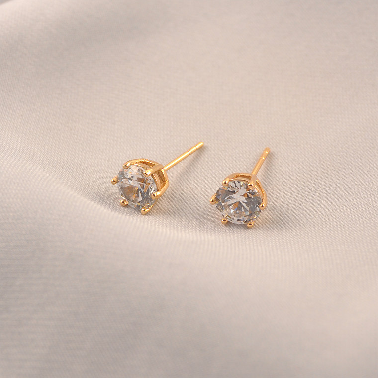 日系轻奢镀18K金色镶钻锆石耳钉简约精致超闪仿钻石火彩耳环男女