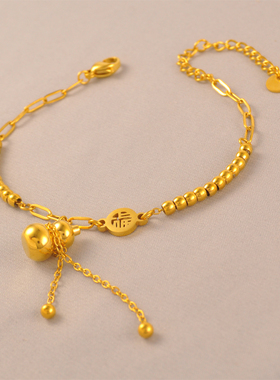 招财福牌小金珠葫芦手串镀24K金色可调节手链简约万能链子送女友