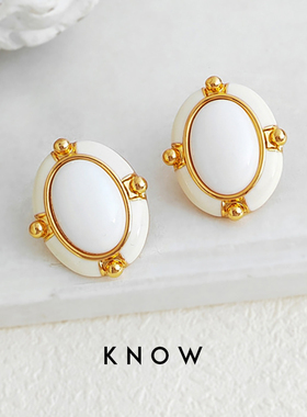 KNOW法式复古气质白色珐琅彩釉耳环女椭圆耳钉包金硅胶耳夹无耳洞