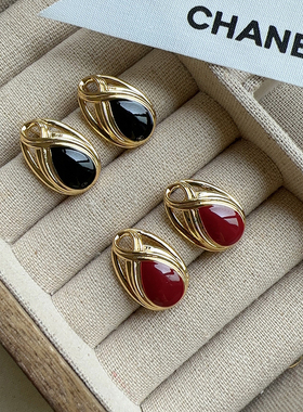 KNOW法式复古黑红色珐琅彩釉水滴耳钉镂空耳环气质高级感硅胶耳夹