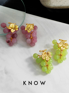 KNOW清新甜美气质青绿紫色葡萄耳环银针耳钉高级感硅胶耳夹无耳洞