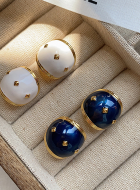 KNOW法式复古蓝白色珐琅彩釉耳钉几何宽耳环气质高级感硅胶耳夹