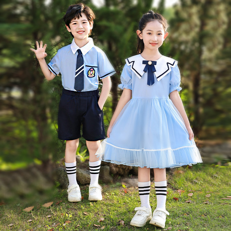 幼儿园园服夏装英伦儿童校服衬衫领小学生班服女童短袖连衣裙兰色