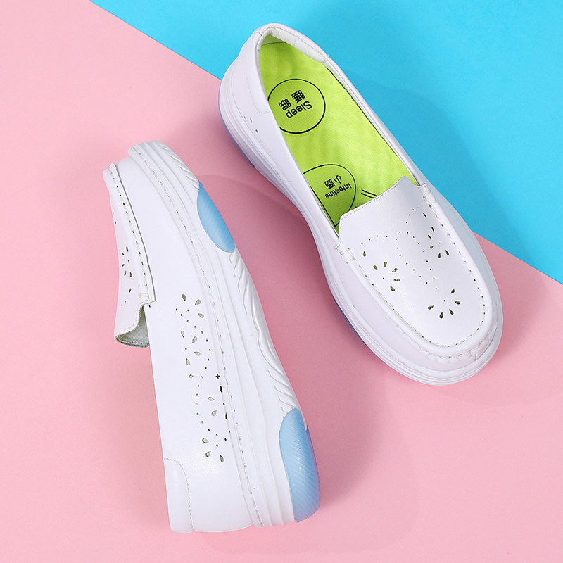 护士鞋女夏季镂空软底透气不累脚防滑防臭舒适医护真皮厚底工作鞋