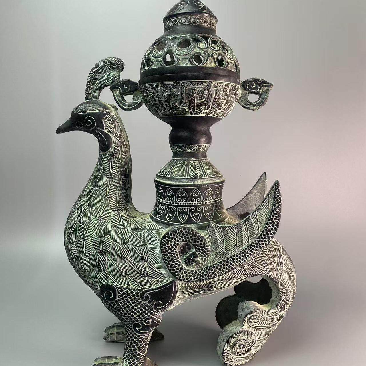 青铜器仿古摆件鸟尊凤熏鸟熏炉古玩家居装饰品复古熏香炉凤凰摆件