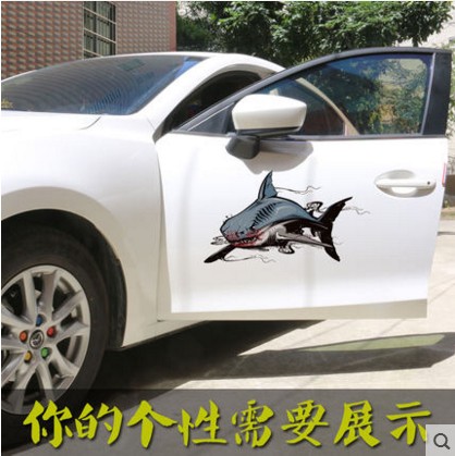 恐怖汽车贴纸3D立体鲨鱼车贴划痕个性遮挡保险杠创意拉花车身装饰