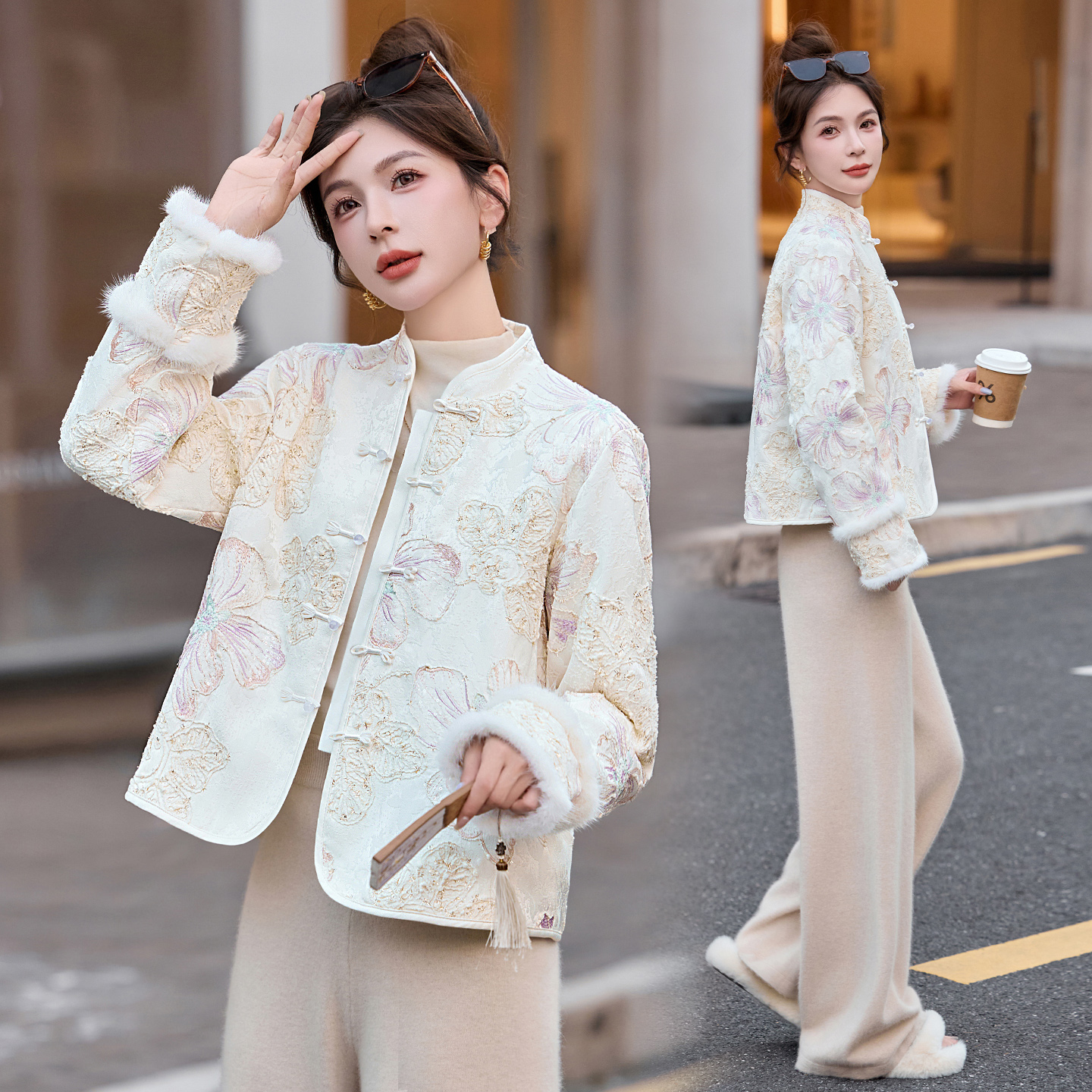 新中式盘扣刺绣棉服女短款