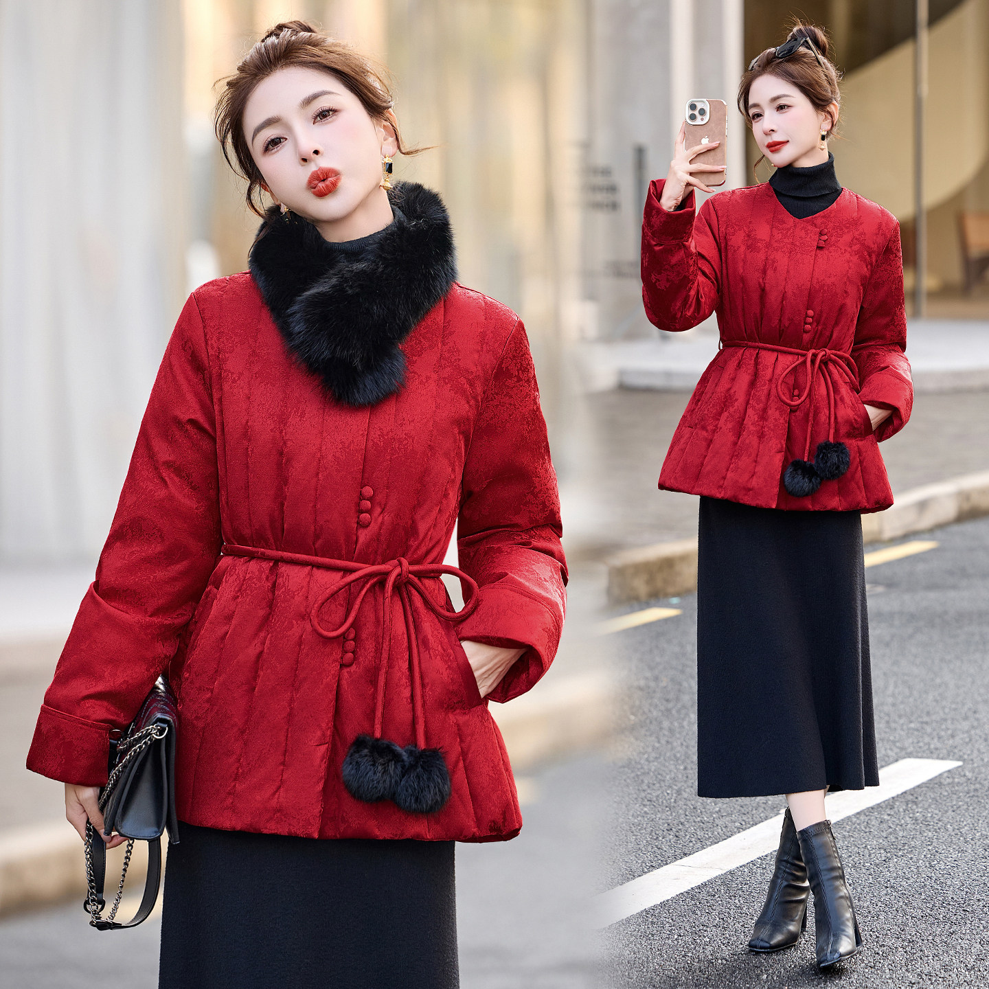 新中式狐狸毛领羽绒服女短款2025冬季新款收腰系带加厚白鸭绒外套