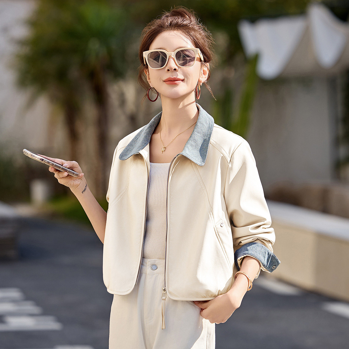 小个子翻领拼接皮衣外套女短款2026春秋新款百搭休闲PU皮夹克上衣,女装/女士精品,皮衣,淘宝优惠券,粉丝福利购,淘宝优惠卷