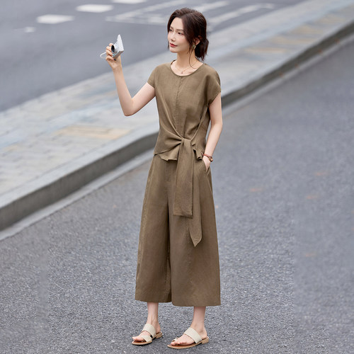 亚麻短袖上衣阔腿裤套装女