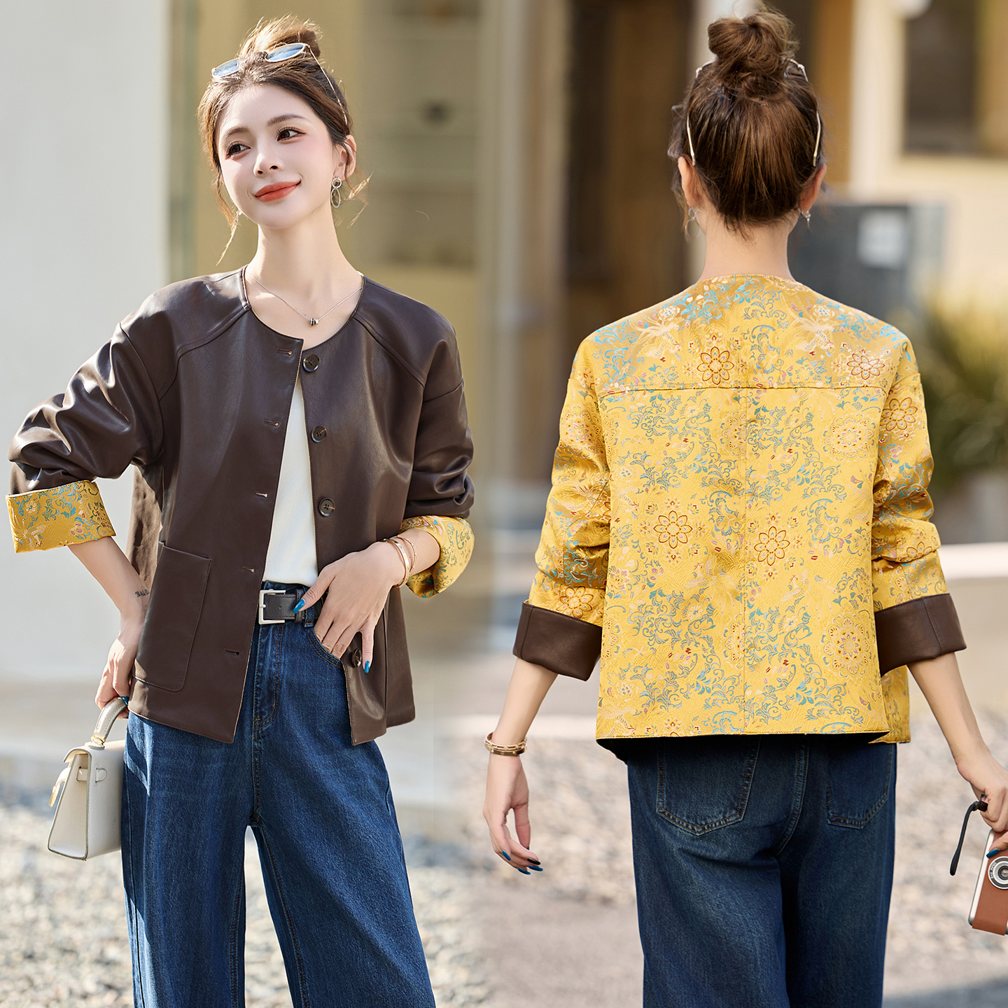 新中式国风两面穿PU皮短外套女