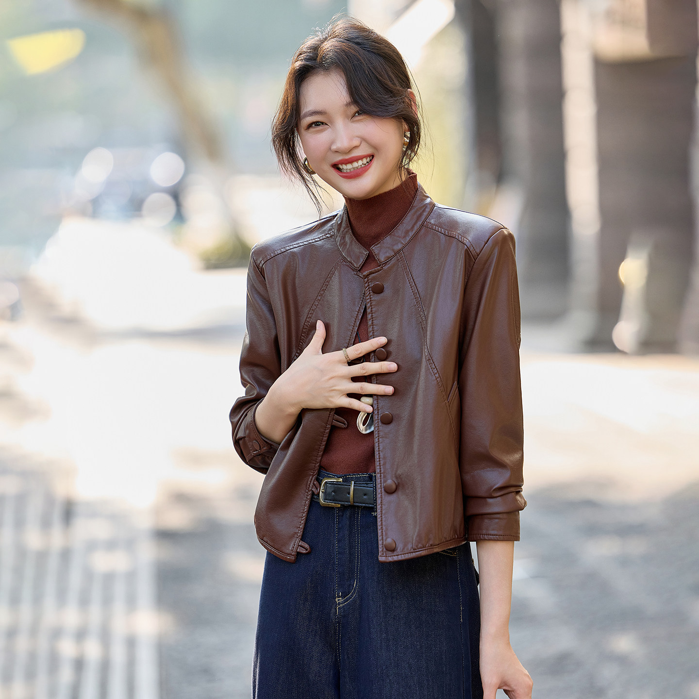 复古立领短款皮衣外套女2026春秋
