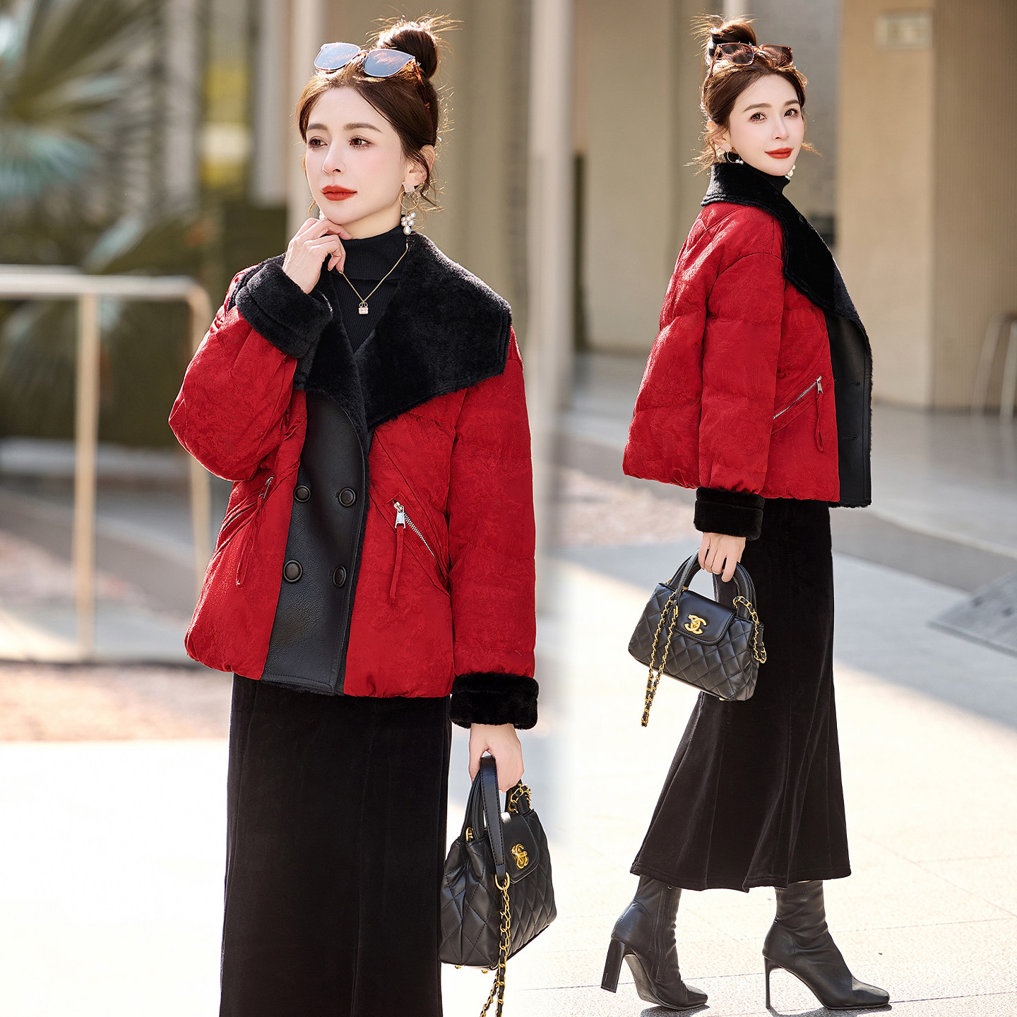 新中式红色短款羽绒服女2025冬年季新款大翻领皮毛一体白鸭绒外套