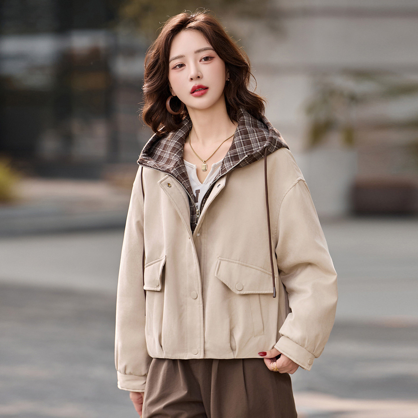 连帽假两件格纹派克服外套女2025冬季小个子气质休闲加绒棉衣夹克