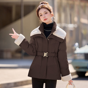 羊羔毛翻领羽绒服女中长款2025年冬季新款收腰加厚保暖白鸭绒外套