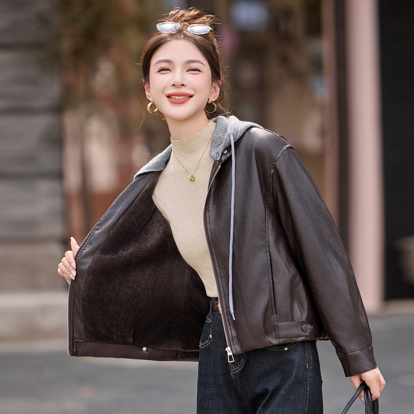 休闲连帽假两件皮衣女短款