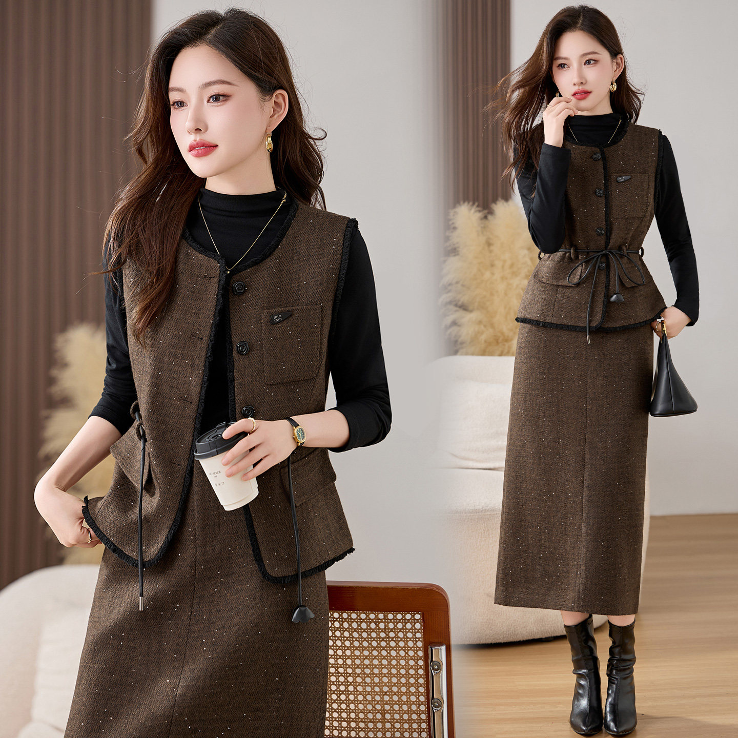 小香风毛呢马甲半身裙三件套女2025秋冬新款气质百搭修身显瘦套装