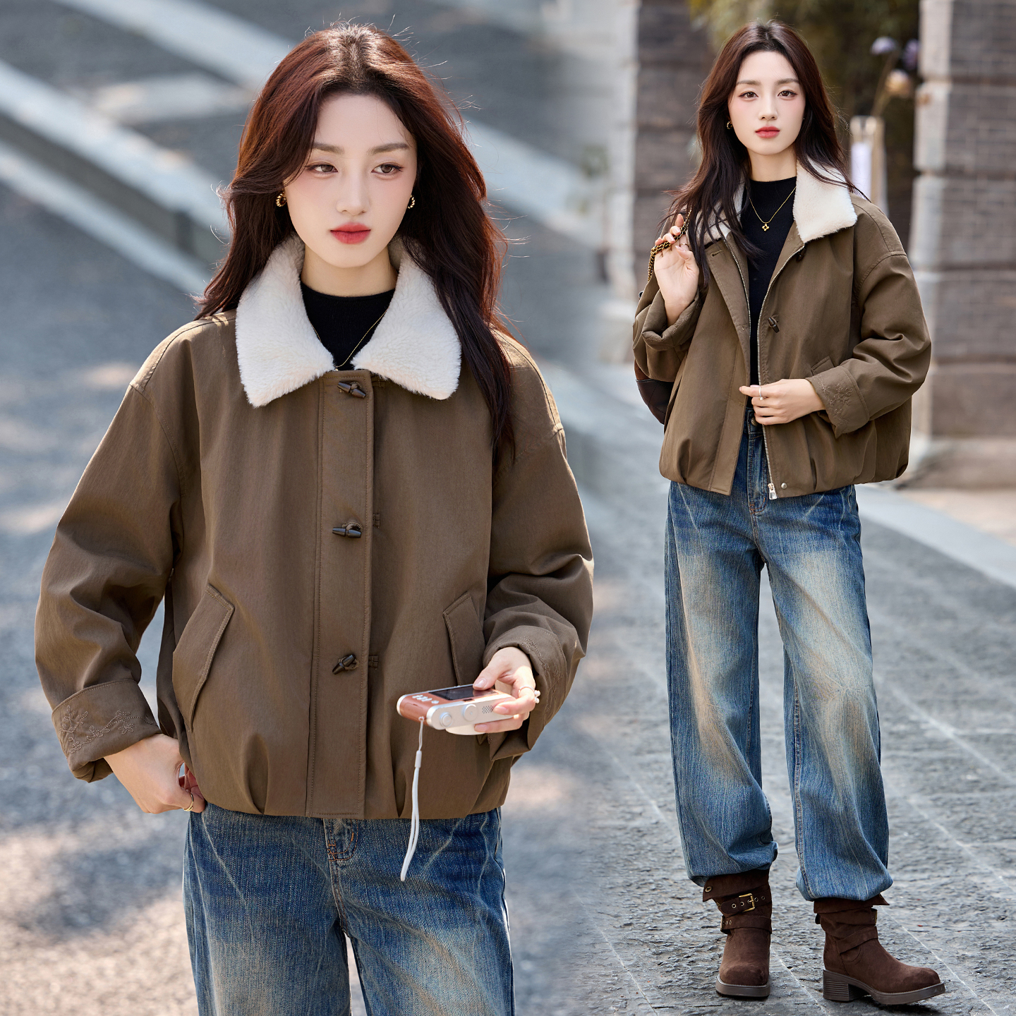 休闲复古夹棉短外套女2025秋冬