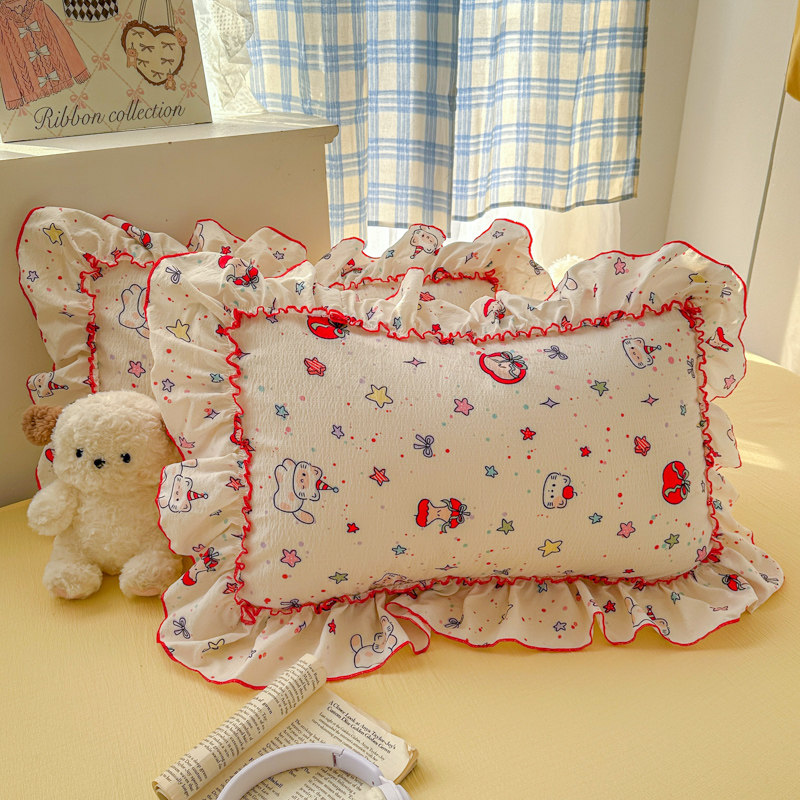 ins小清新少女可爱花边水洗棉枕套学生宿舍单人枕芯套48x74一对装