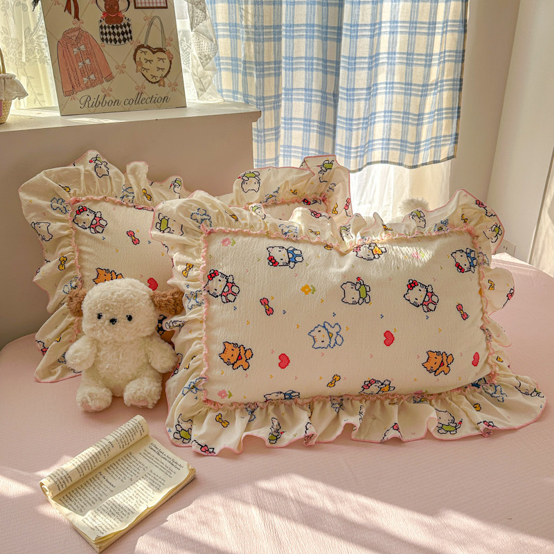 ins小清新少女可爱花边水洗棉枕套学生宿舍单人枕芯套48x74一对装