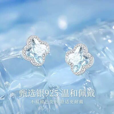 925纯银冰屿四叶草耳钉女生小众清新简约耳饰潮情人节礼物送女友