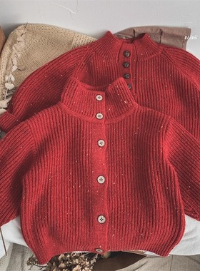儿童红色毛衣男童女童韩版秋冬红色针织彩点套头衫小童宝宝毛线衣