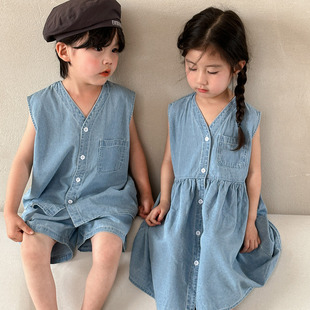2025夏装儿童牛仔套装男童宝宝新款薄款女童背心连衣裙兄妹姐弟装