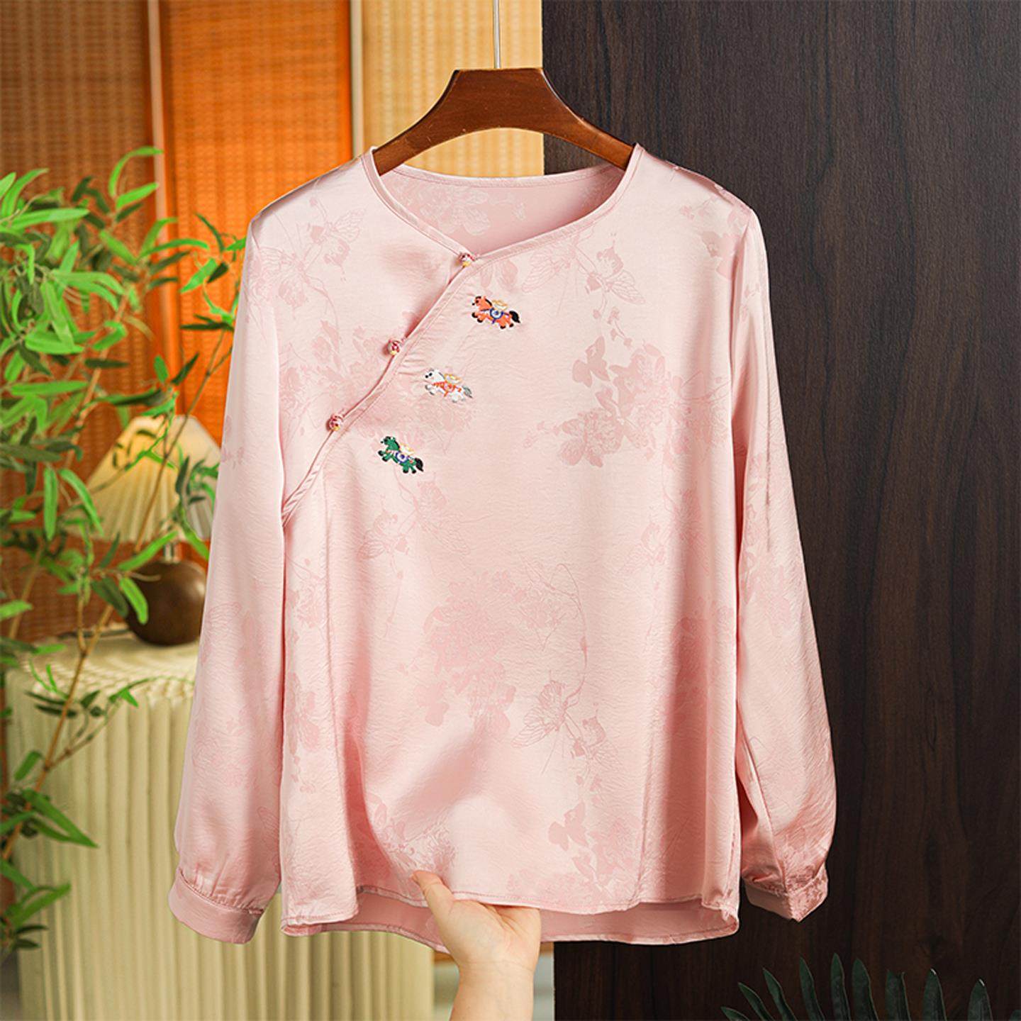 真丝国风上衣新中式圆领斜襟改良长袖衬衫女春季重工提花刺绣小衫,女装/女士精品,真丝上装,淘宝优惠券,粉丝福利购,淘宝优惠卷