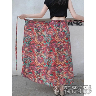 系带碎花雪纺包臀半身裙 度假民族风一片式 波西米亚长裙女夏季 新款