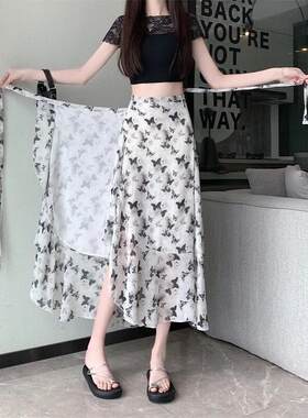 一片式碎花雪纺半身裙女2026夏季新款沙滩围裙包裙不规则系带裹裙